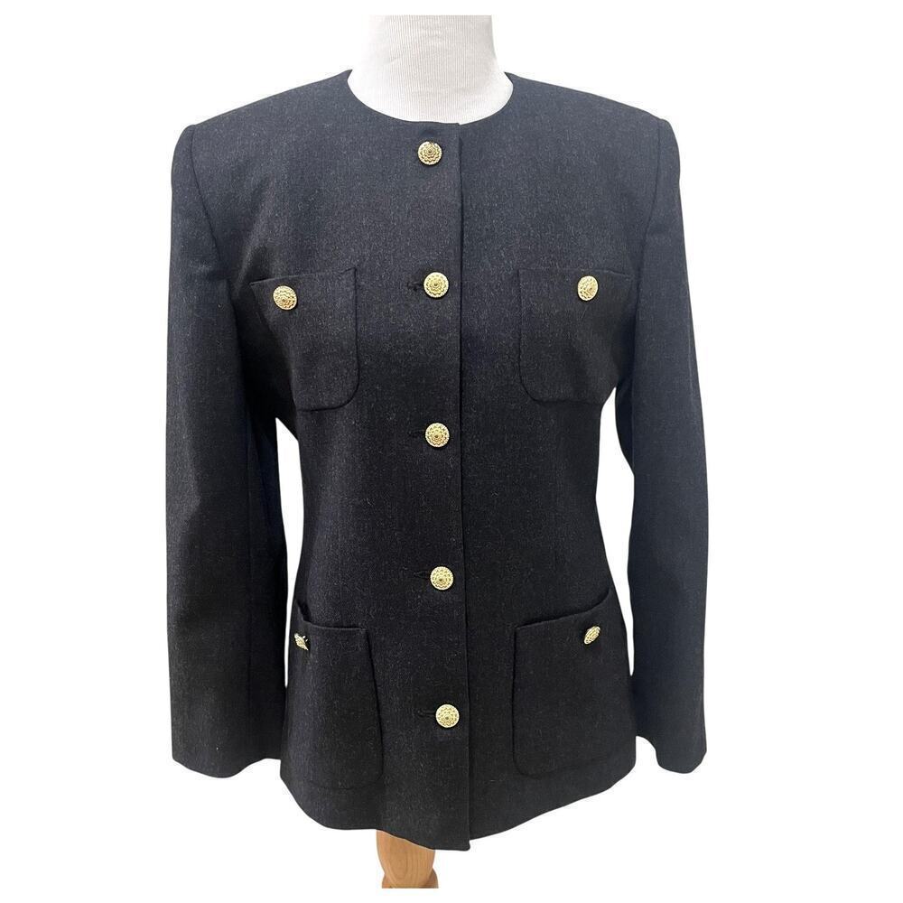 Vintage Saville Blazer Womens 10 Gray Wool Gold Button Made USA Structured 80s